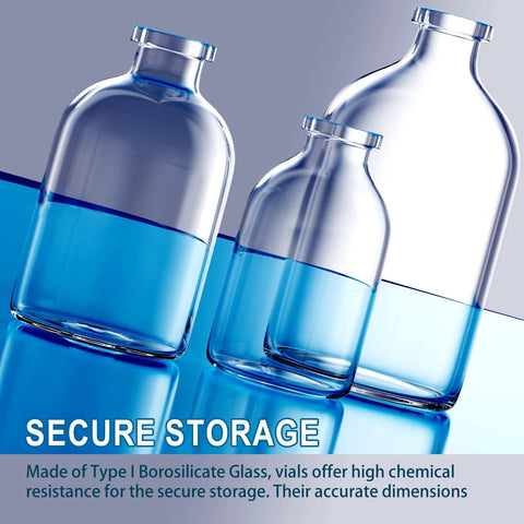Sterile glass vials with blue liquid and blue screw caps, set of three on a reflective surface.