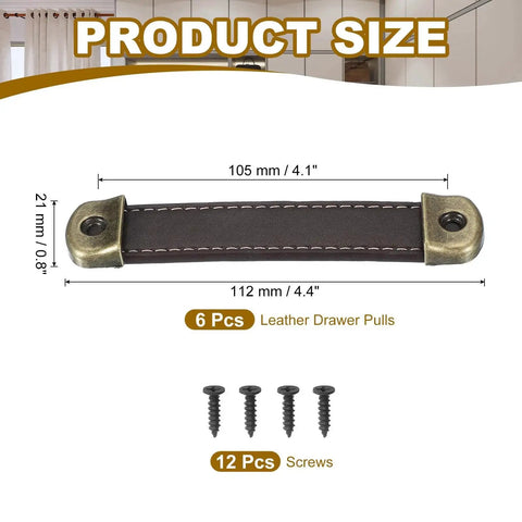 Brown PU Leather Drawer Pulls Set Of 6 With Iron Backing Plate 4.4 Inch Length 105 Mm Hole Distance Includes 18 Mm Screws