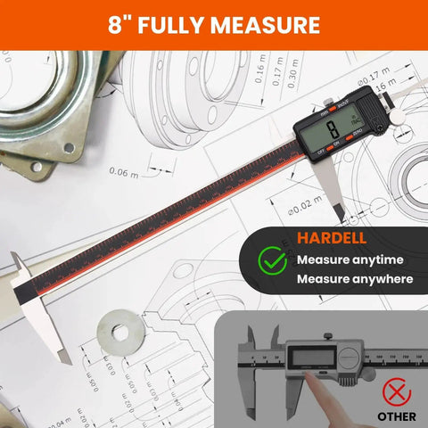 Workhorse Digital Caliper 0 To 8 Inch Range With Large LCD Auto Off Inch Fractions And MM Conversion Stainless Steel Pro Grade