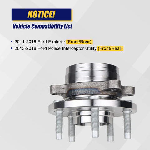 Two Piece Wheel Bearing And Hub Assembly 512460 For Ford Explorer 2011 2018 And Police Interceptor Utility 2013 2018 Front Or Rear 5 Lug With ABS Drop In Ready Direct Replacement Premium Quality Set, side view showing compatibility list for Ford Explorer and Police Interceptor Utility models.