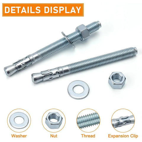 Three Eighths Inch Diameter Wedge Anchors Set, Three And Three Quarters Inch Length, Eight Pack, Heavy Duty Zinc Plated Fasteners details