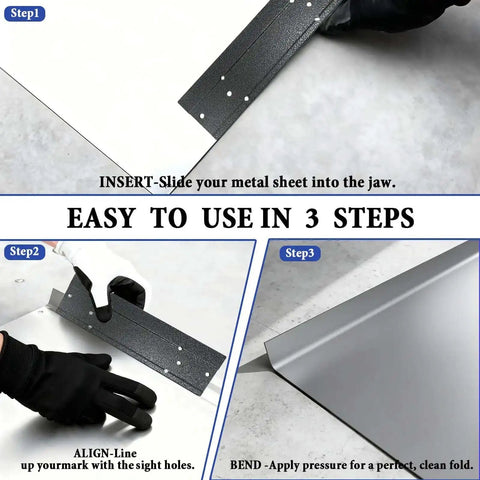 Easy to use 12 Inch Folding Sheet Metal Bending Tool for HVAC pros shown in three steps with cold rolled steel construction