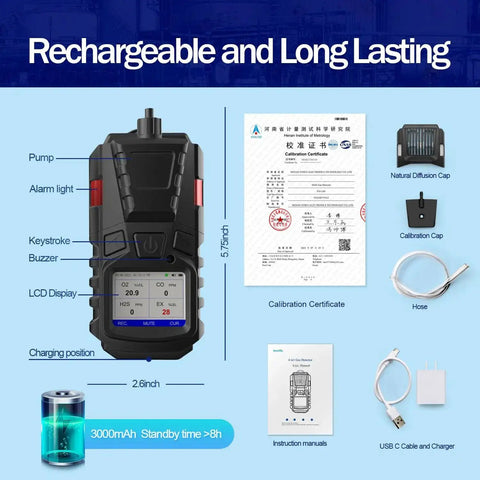 Pro Grade All In One 4 Gas Monitor With Pump Portable Gas Detector for CO O2 H2S and LEL with accessories and calibration certificate