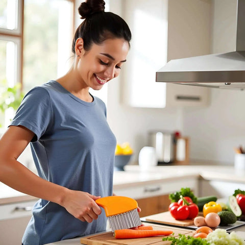 Person using Orange Crinkle Cutter Slicer For Potatoes Carrots And Veggies, Stainless Steel Wavy Cutter, in home kitchen