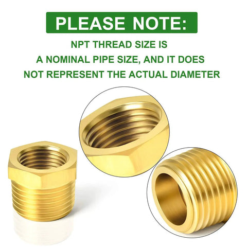 Brass Reducer Hex Bushing Pipe Fitting One Inch NPT Male To Three Quarter Inch NPT Female Adapter 2 Pack with size note