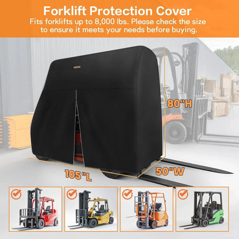 Universal Forklift Weather Cover With Zipper Door And Reflective Strips 8000 Lbs showcasing front view on forklift.