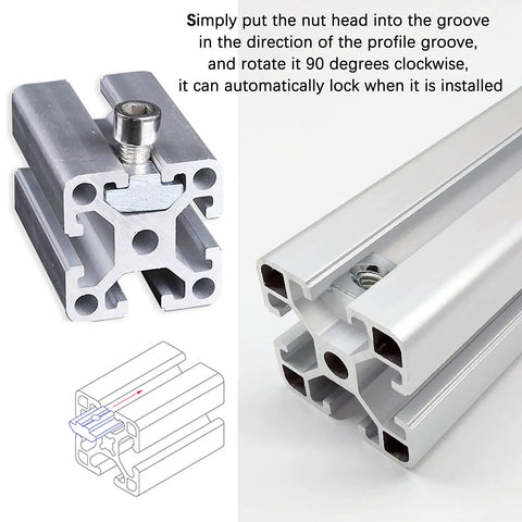 50 Pack 3030 Series Sliding T Nuts With M6 Thread Hammer Head For 8mm T Slot Aluminum Extrusion Profiles in use with locking detail.