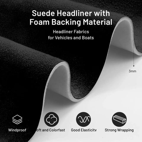 Close-up of black Suede Auto Headliner Fabric 98 x 60 with foam backing, highlighting material thickness and properties.