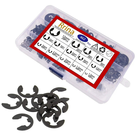 462 Piece Black Alloy Steel E Clip External Retaining Rings Kit With 14 Sizes From 1.2mm To 12mm Snap Circlip Set on display.