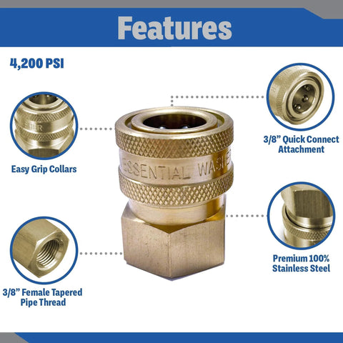 Brass Three Eighths Inch Quick Connect Female NPT Pressure Washer Coupler Set Of Two For 4200 PSI High Pressure Systems