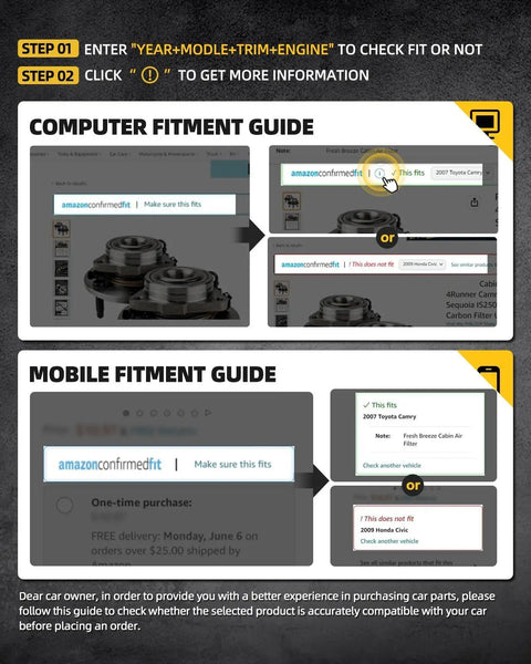 Online fitment guide showing computer and mobile views for checking car part compatibility via year, model, and engine info.