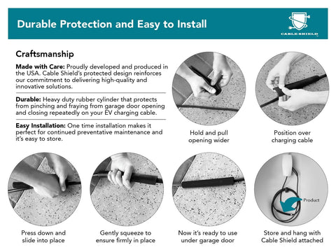 Cable Shield EV cable protector for garage door pass-through; US-made, durable protection, installation diagrams.