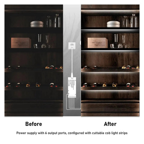 Before and after view of a bookshelf using the Under Cabinet LED Light Strip Kit 16.4Ft Cuttable Warm White 3000K With Diffused Glow