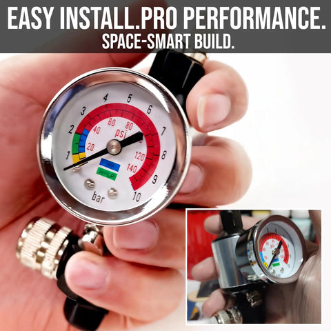 Spray gun regulator with gauge and water separator; chrome inline air filter, 1/4 in NPT, gauge shows psi and bar