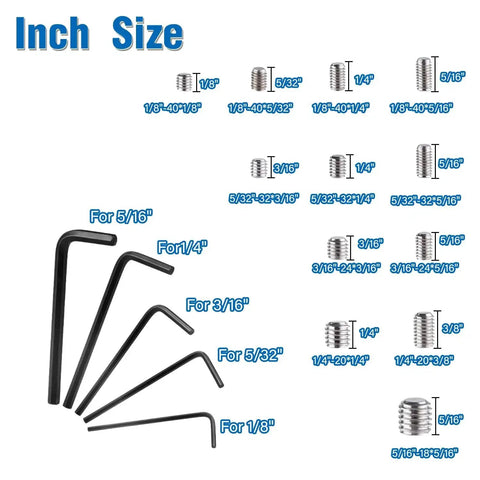 Stainless Steel Set Screws Kit With SAE And Metric Allen Head Socket Hex Grub Screws For Bathroom Fixtures And Door Handles From M3 To M8 And One Eighth To Five Sixteenth Inch Threads, showing various sizes and hex wrenches.