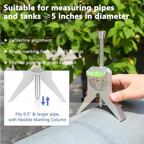 Person holding Pipe Center Finder For Pipefitter Tools with Centering Head and 4 Inch Y Type Base Adjustable Dial Bubble Protractor
