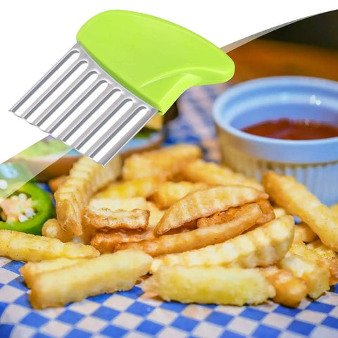 2 Pack Crinkle Cutter Wavy Chopper Stainless Steel Kitchen Slicer For Potatoes Carrots Fries Chips Vegetables shown with fries