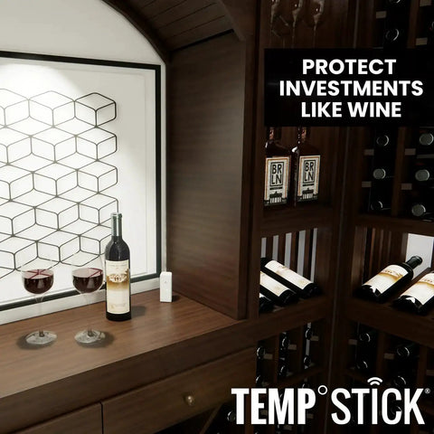 Remote WiFi Temperature And Humidity Sensor With Data Logger No Subscriptions in wine cellar with Temp Stick unit visible