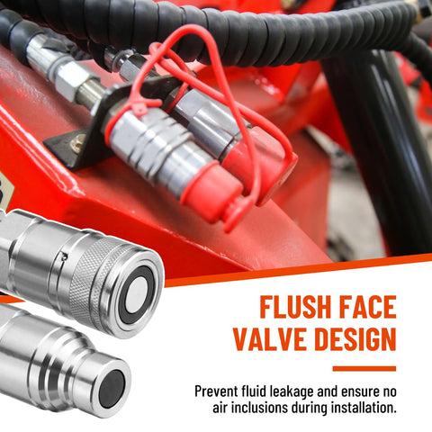 Racewill 1/2 in flat-face ISO 16028 hydraulic quick-connects with dust cap, 5/8 in JIC bulkhead, mounted on red equipment