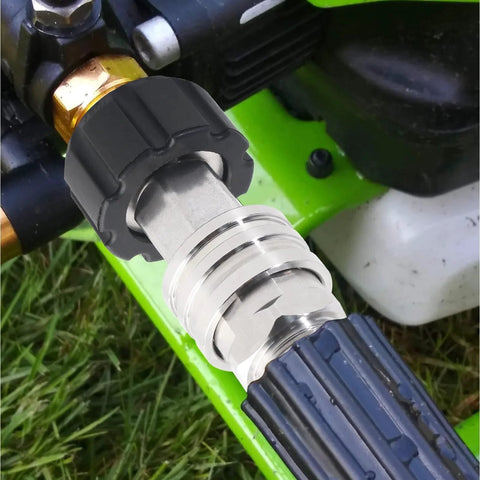 Close-up of Universal Stainless Steel Pressure Washer Quick Connect Adapter Kit with M22 to Fourteen Millimeter Swivel Heads installed