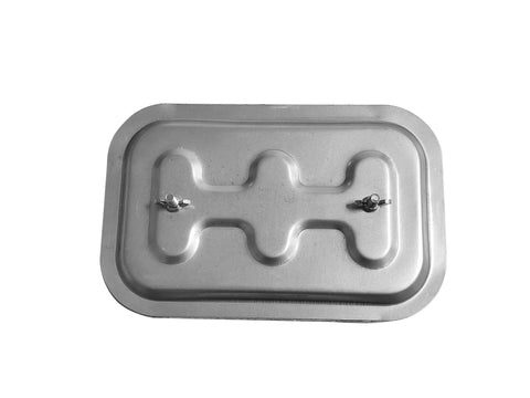 Duct access door 10 x 6 inches, high-temperature grease duct cover, silver metal with bolts.