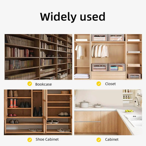 Four images showing the 3 In 1 Dowel Jig Kit For Woodworking used in assembling a bookcase, closet, shoe cabinet, and kitchen cabinet.