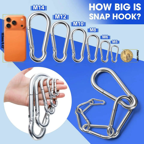Various sizes of snap hooks displayed, showing scale with a phone and coin, including 10 Pack 5.5 Inch Heavy Duty Carabiner Clips 12mm Spring Hooks 1350Lb Capacity.
