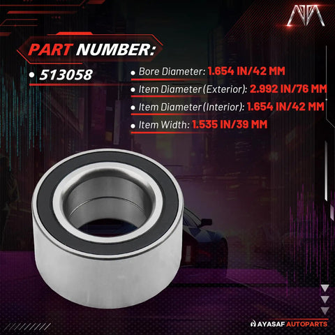 2 Pack Front Wheel Bearing Hub Assembly For Chrysler PT Cruiser 2002-2010, Dodge Neon 2002-2005, Ford Mustang 1999-2004, Taurus 1986-1995, Thunderbird 1989-1997, Windstar 1995-1997, Hyundai Santa Fe, Kia Sedona, Sportage, Lincoln Continental, Mercury - single bearing view with dimensions