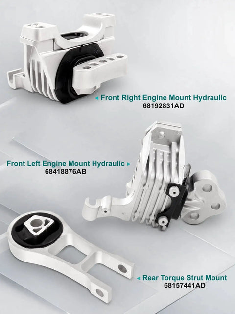 Three Piece Engine And Transmission Mounts Set For 2014 Through 2021 Cherokee And 2015 Through 2019 Chrysler 200 2.4L Replacement OE Numbers 68192831AF 68418876AB 68157441AD Beefed Up Mounts For Smooth Engine And Transmission Support showing three separate hydraulic mounts.