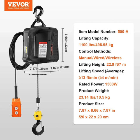3 In 1 Electric Hoist Winch 1100 Lb Capacity 1500W Portable Crane With Wired And Wireless Remote diagram and specifications