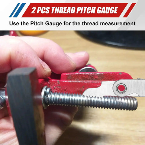 Close-up of a hand using 2 pcs thread pitch gauge for thread measurement from the 61 Pcs Thread Repair Kit With UNC UNF Metric Chasers Taps Dies And Pitch Gauge.