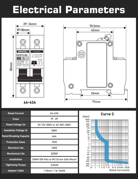 Diagram of Solar Disconnect Switch 40 Amp Two Pole DIN Rail Mount Non Polarized Circuit Breaker with technical specs.