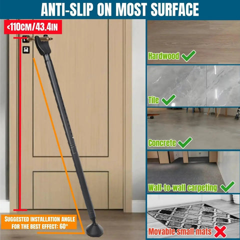 2 Pack Door Security Bars Anti Slip Heavy Duty Door Stoppers For Hinged Doors And Sliding Patio Doors, 2 In 1 Adjustable Jammer Barricade Security Door Lock Bar For Apartment Home Travel Hotel Room shown installed on a wooden door.