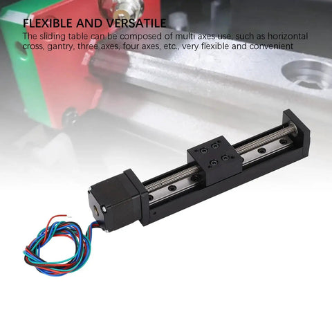 Ultra Smooth Mini Linear Slide Stage Actuator With Nema 11 Stepper Motor shown with 100mm travel and wiring.