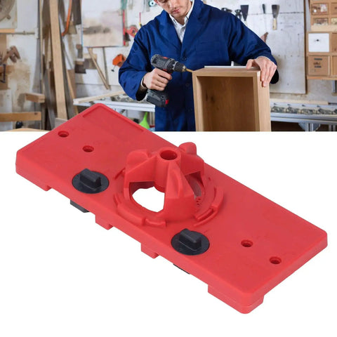 Woodworking Hinge Hole Saw Jig With 35mm Drill Guide Locator for precise positioning and drill alignment in red