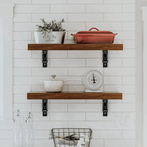 10 Inch Folding Shelf Brackets Set Of 2 Matte Black Heavy Duty Stainless Steel Triangular Design with wooden shelves in kitchen