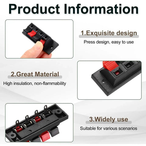 Four Way Spring Terminal Clip Push Release Connector Plate For Speakers, Test Clip WP4-1, highlighting design, material, use