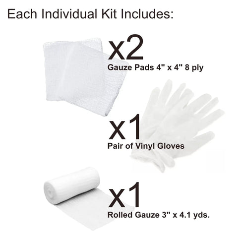 Contents of Box Of 100 Basic First Aid Training Kits Each Kit Includes 2 Gauze Pads 1 Pair Gloves And Rolled Gauze 4.1 Yards Latex Free For Training