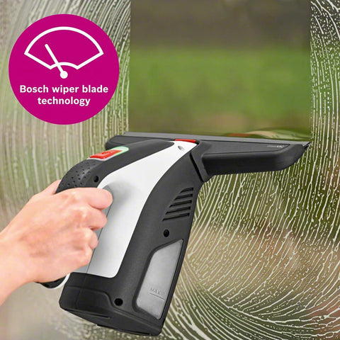 Bosch GlassVAC window vacuum cleaner, handheld cordless, black and white body with red trigger for cleaning glass