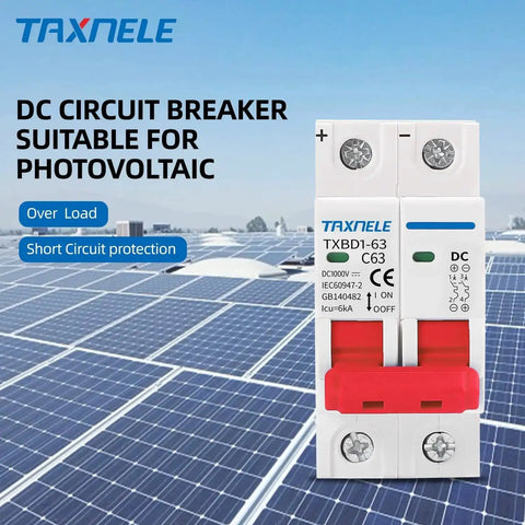 Front view of 2P 1000V 63A Solar DC Mini Circuit Breaker With Thermal Magnetic Trip, shown on solar panel background.