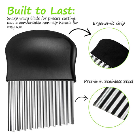 Large Wavy Crinkle Cutter For Potatoes Vegetables And Fruits With Stainless Steel Blade And Easy Plastic Handle Perfect For French Fries Salad Garnishing And Quick Kitchen Hack For Home Cooks featuring close-up of ergonomic grip and blades.