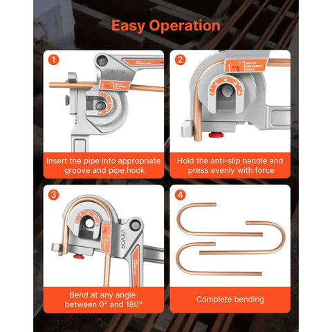 Steps to use 3 In 1 Tube Bender For Copper And Aluminum Pipes showing pipe insertion, handle holding, bending, and completed bends.
