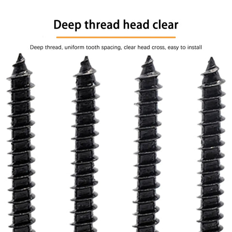 Close-up of Heavy Duty No 4 Wood Screws Three Quarters Inch Black Zinc Plated Carbon Steel Phillips Pan Head Self Tapping Full Thread