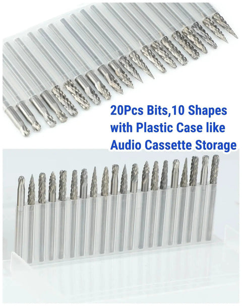 Twenty Piece Carbide Burr Set With One Eighth Inch Shank For Dremel Rotary Tools, Includes Portable Clamshell Case, shown in plastic case