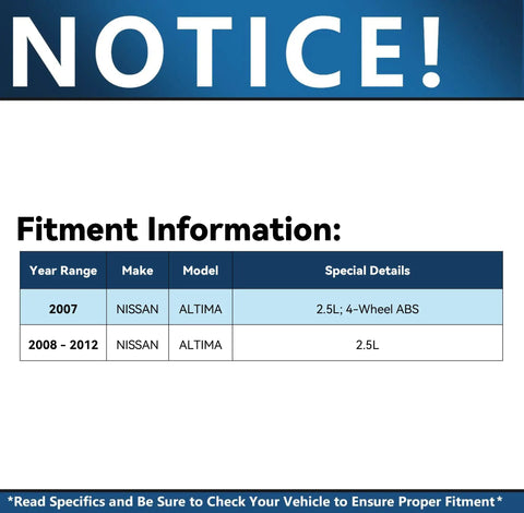 Fitment information for 2007-2012 Nissan Altima 2.5L with details on ABS compatibility