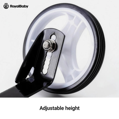 Close-up of adjustable height Training Wheels For 12-18 Inch Kid Friendly Bikes with heavy duty steel bracket and quiet rubber tire.