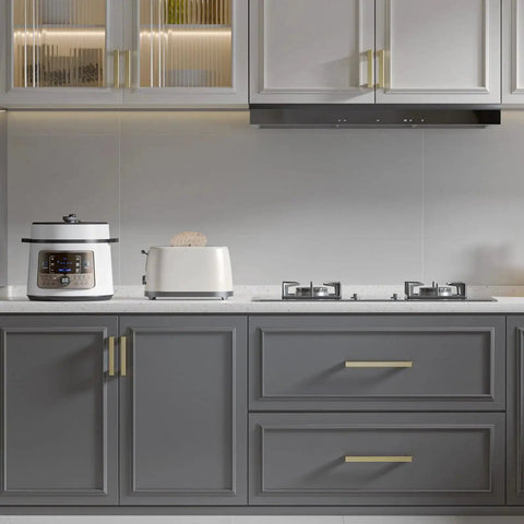 Set Of 20 5 Inch Brushed Gold Cabinet Handles With Square Style Design Premium Stainless Steel Drawer Pulls installed on gray kitchen cabinets and drawers