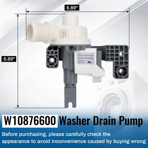 Front view of W10876600 washer drain pump, white and gray plastic with inlet hose connector