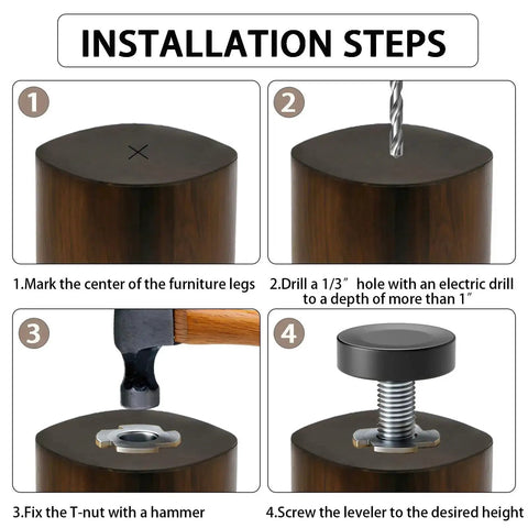 Installation steps for Quarter Inch Thread Leveling Feet 12 Pack With T Nuts Heavy Duty Adjustable Furniture Levelers for tables and benches