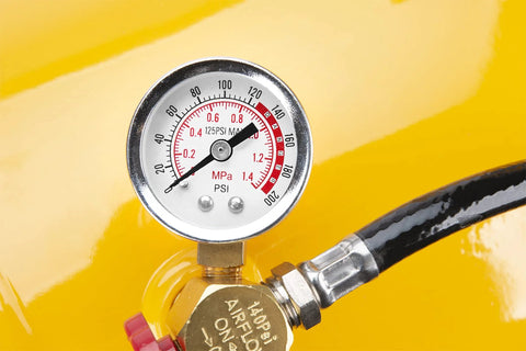 Performance Tool W10055 air gauge 0-200 PSI with brass valve and flexible hose on yellow background